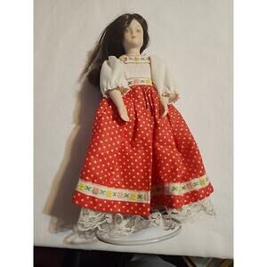 International Doll Porcelain Red Polka Dot Dress Black Hair 8.5" Vintage